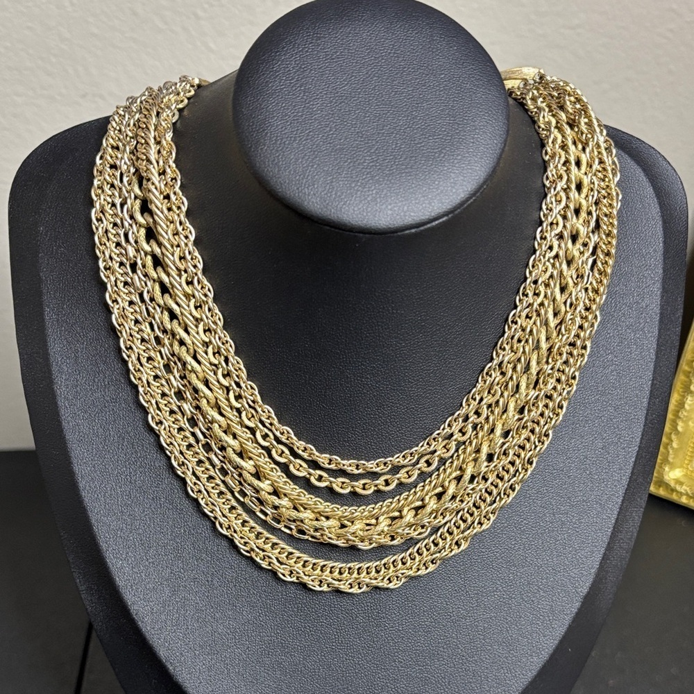 Multi strand Vintage Collar Cuban Rope Link Chain Statement Necklace Gold Tone